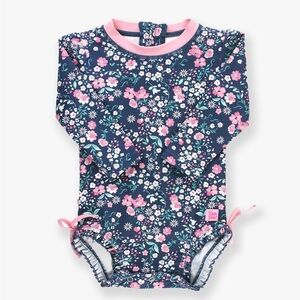 RuffleButts  moonlit meadow Floral Long Sleeve rash guard swimsuit toddler